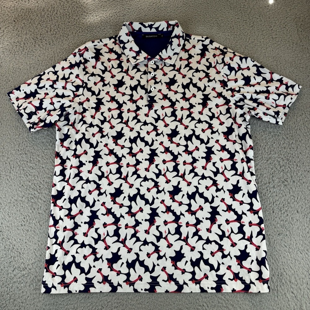 Bugatchi Polo White Blue  Floral Mercerized/Cotton Short Sleeve Shirt Xl